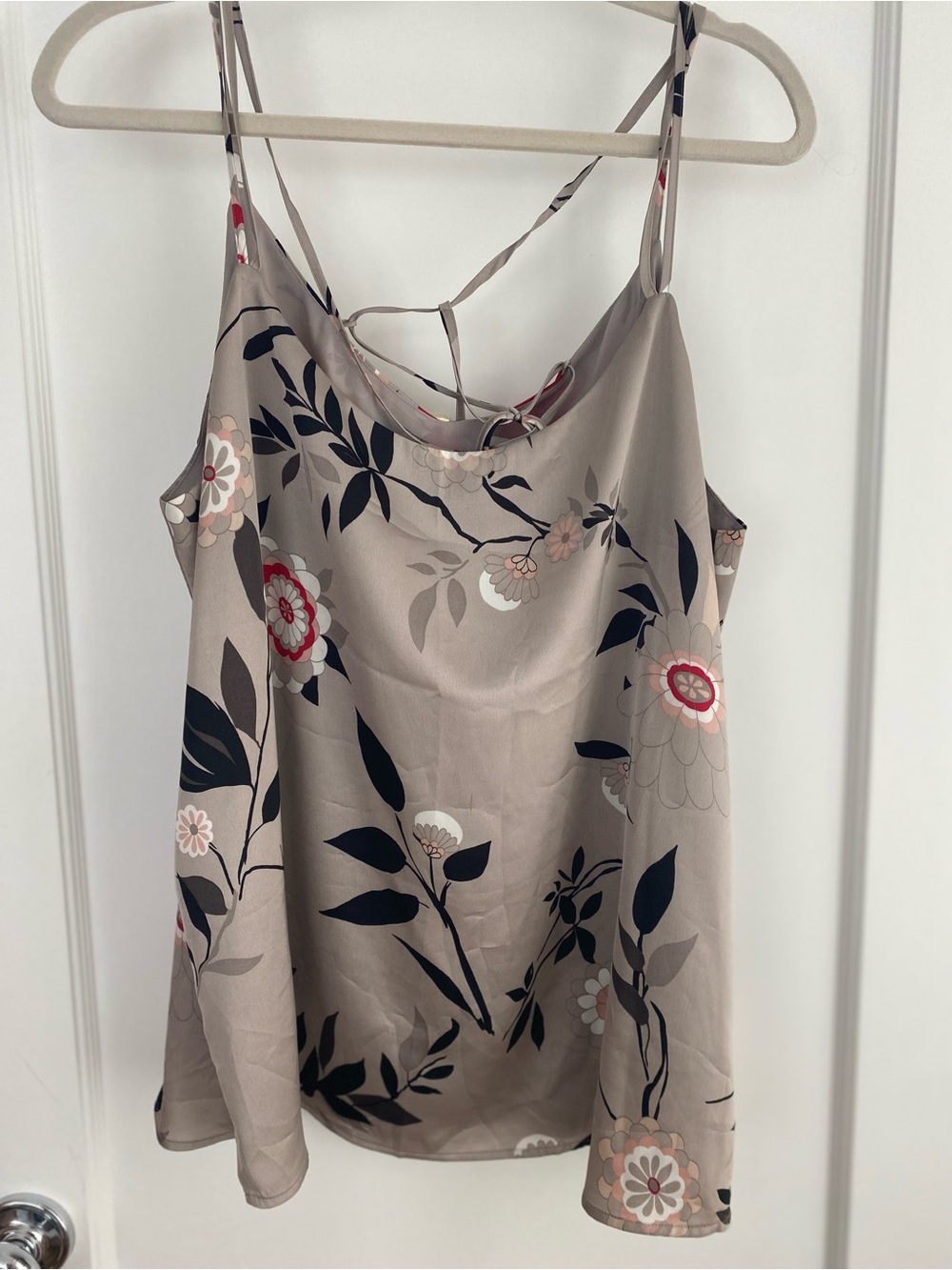 LOFT Taupe Floral Satin Cami with Navy and Pink Accents
